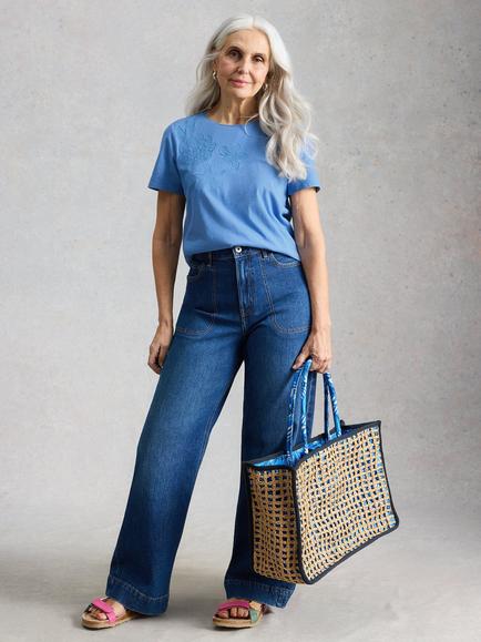 White Stuff Abbie Embroidered Seaside T-Shirt, Mid Blue, Mid Blue