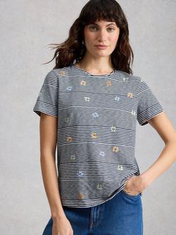 White Stuff Abbie Floral Stripe Cotton T-Shirt, Navy, Navy
