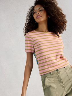 White Stuff Abbie Striped Colourblock T-Shirt, Pink/Green, Pink/Green