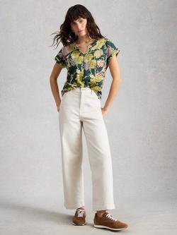 White Stuff Nelly Notch Neck Abstract T-Shirt, Green, Green