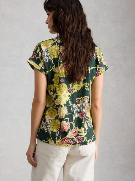 White Stuff Nelly Notch Neck Abstract T-Shirt, Green - view 2, Green