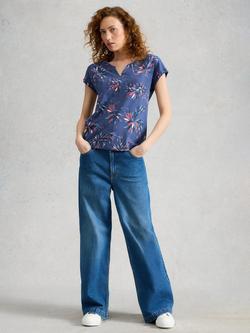 White Stuff Nelly Notch Neck T-Shirt, Blue/Multi, Blue/Multi