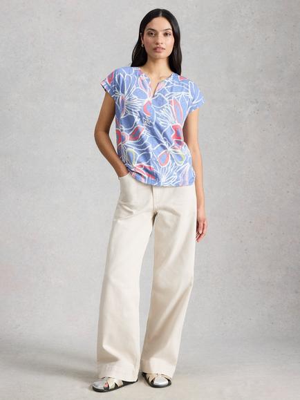 White Stuff Nelly Notch Neck Floral T-Shirt, Teal/Multi, Teal/Multi