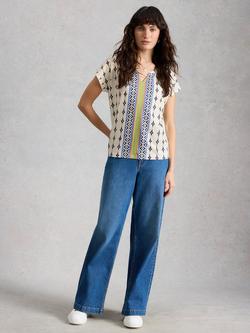 White Stuff Nelly Notch Neck Abstract T-Shirt, White, White