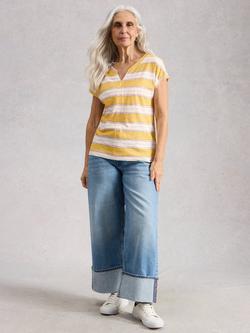 White Stuff Nelly Striped Notch Neck T-Shirt, Yellow/White, Yellow/White