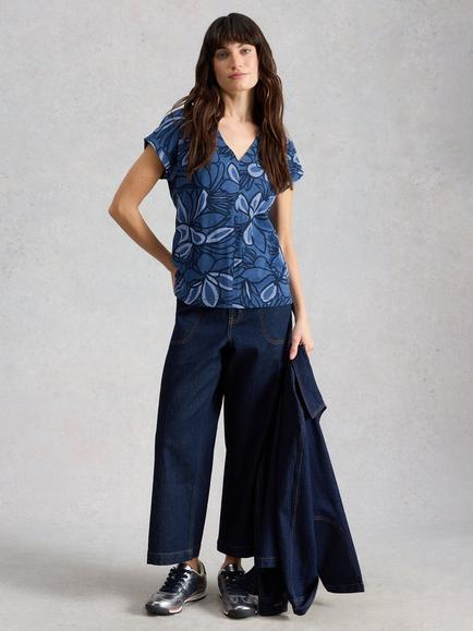 White Stuff Neve V-Neck Floral Top, Blue, Blue