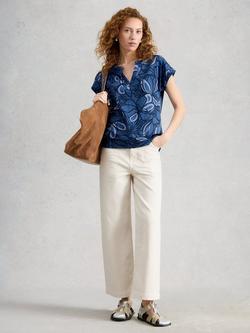 White Stuff Nina Notch Neck Floral T-Shirt, Dark Blue, Dark Blue