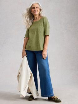 White Stuff Weaver Broderie Detail Top, Khaki, Khaki