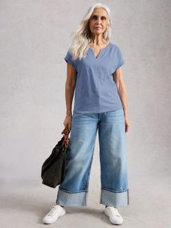 White Stuff Nelly Embroidered Notch Neck T-Shirt, Blue, Blue