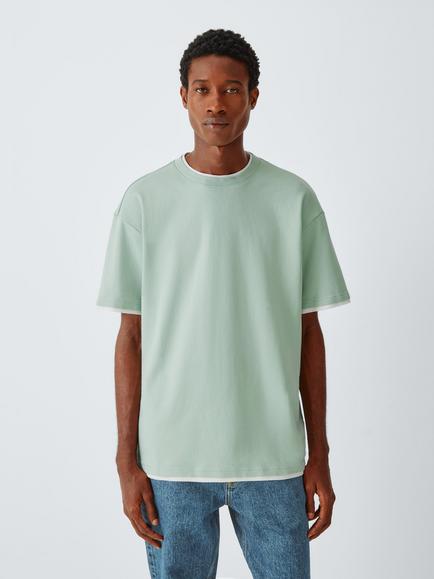 Kin Cotton Regular Fit Crew Neck T-Shirt, Aqua Grey/Ecru, Aqua Grey/ Ecru