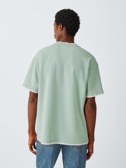 Kin Cotton Regular Fit Crew Neck T-Shirt, Aqua Grey/Ecru - view 2, Aqua Grey/ Ecru
