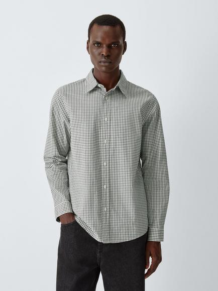 John Lewis Micro Check Cotton Shirt, Ecru Black, Ecru Black