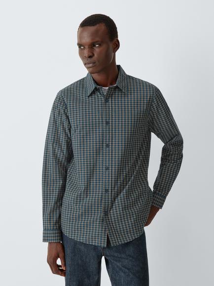John Lewis Micro Check Cotton Shirt, Navy Blue Beige, Navy Blue Beige