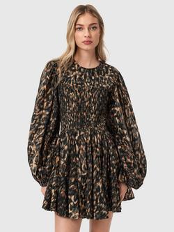 AllSaints Chia Animal Print Mini Skater Dress, Brown Mid, Brown Mid