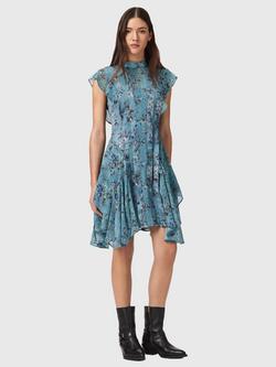 AllSaints Fleur High Neck Floral Mini Dress, Blue, Blue