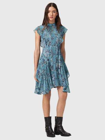 AllSaints Fleur High Neck Floral Mini Dress, Blue, Blue