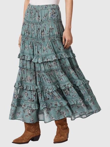 AllSaints Talia Floral Tiered Ruffle Skirt, Vine Lake Blue, Vine Lake Blue