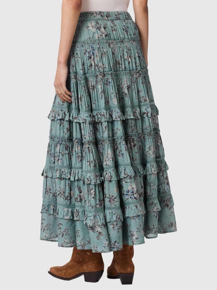 AllSaints Talia Floral Tiered Ruffle Skirt, Vine Lake Blue - view 2, Vine Lake Blue