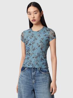 AllSaints Ellie Floral Mesh T-Shirt, Vine Lake Blue, Vine Lake Blue