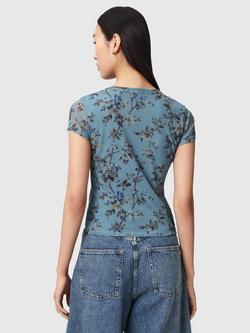 AllSaints Ellie Floral Mesh T-Shirt, Vine Lake Blue - view 2, Vine Lake Blue