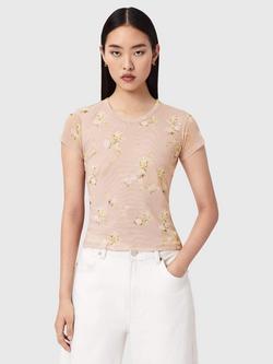 AllSaints Ellie Floral Mesh T-Shirt, Pink/Multi, Pink/Multi
