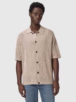 AllSaints Cotton Knitted Patterned Short Sleeve Cardigan, Sand, Sand
