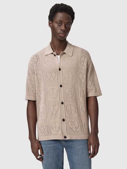 AllSaints Cotton Knitted Patterned Short Sleeve Cardigan, Sand, Sand