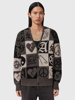 AllSaints Barker Cotton Cardigan, Tauple Brown/Black, Tauple Brown/Black