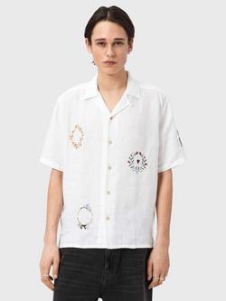 AllSaints Linen Embrodered Regular Fit Short Sleeve Shirt, Ecru, Ecru