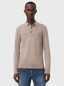 AllSaints Mode Merino Wool Knit Polo Shirt, Stone Brown, Stone Brown