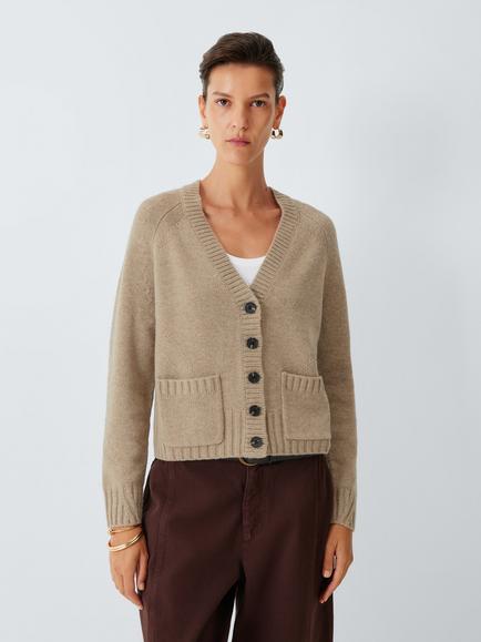 John Lewis Merino Wool Rich with Cashmere V-Neck Cardigan, Taupe Marl