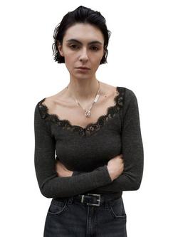 Mango Lace Trim Long Sleeve Top, Grey, Grey