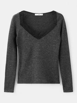 Mango Lace Trim Long Sleeve Top, Grey - view 2, Grey