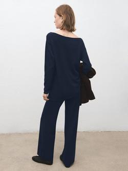 Mango High Rise Wide Leg Knit Trousers, Navy - view 2, Navy