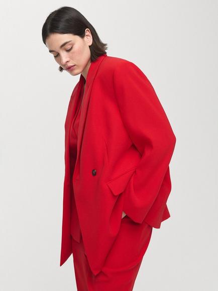 Mango Sculpted Belted Blazer, Red - view 2, Red