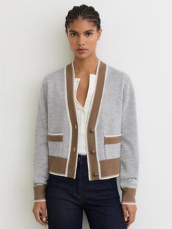 Reiss Louisa Colour Block Wool Rich Cardigan, Grey/Neutral, Grey/Neutral