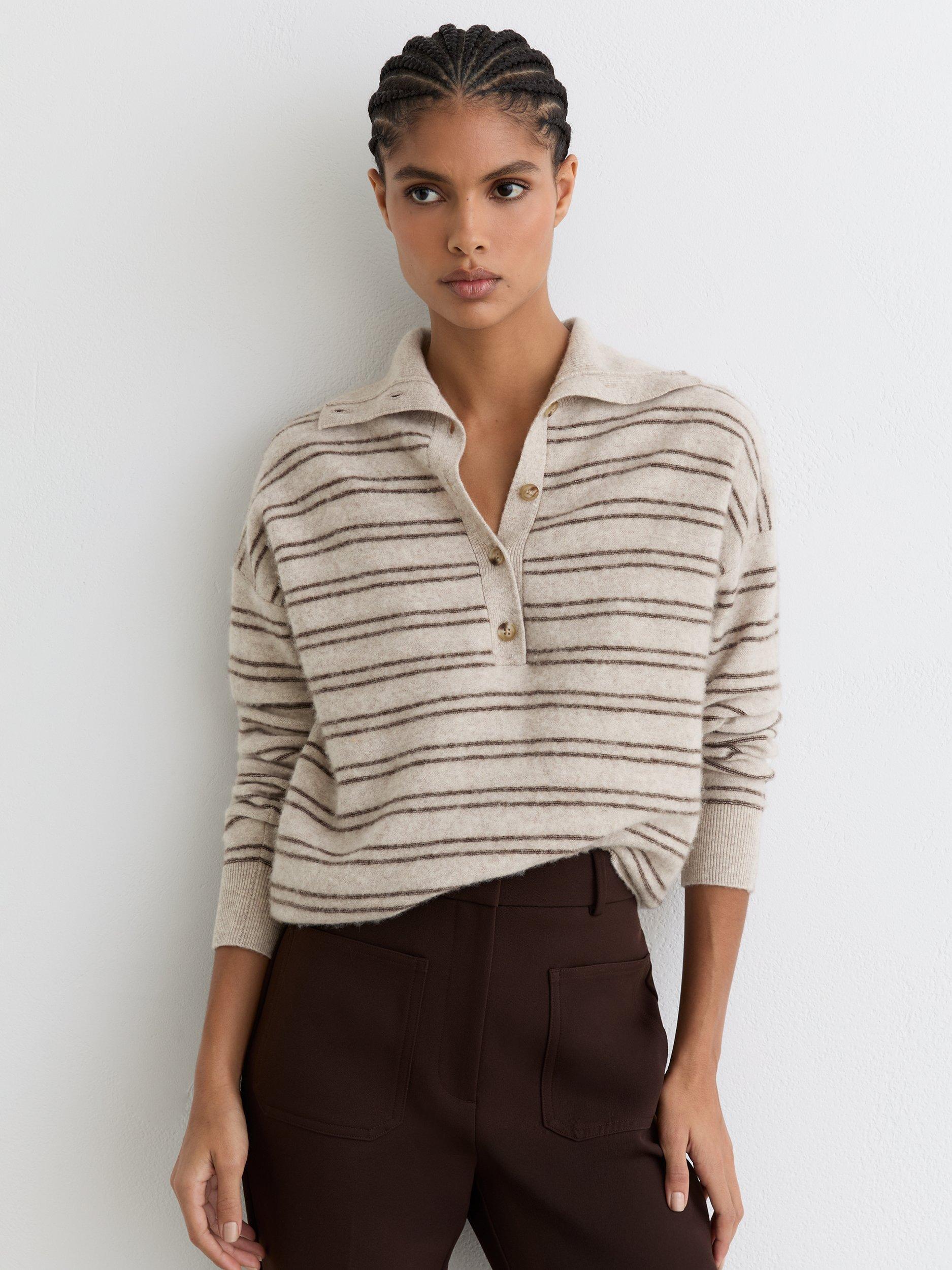 Product image 1 of 5, which shows Reiss Evana Stripe Wool Rich Jumper, Neutral/Brown, XS