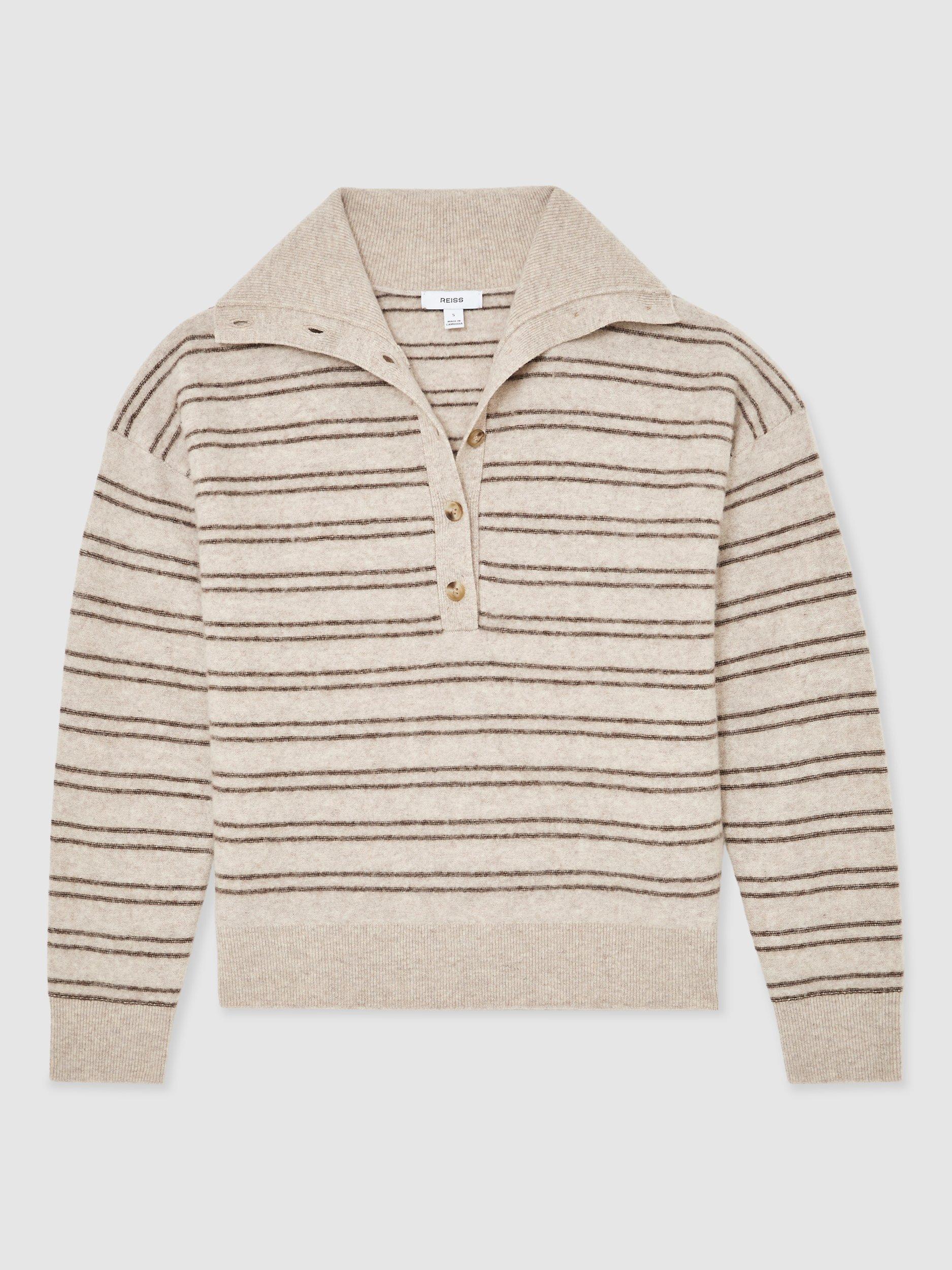 Product image 3 of 5, which shows Reiss Evana Stripe Wool Rich Jumper, Neutral/Brown, XS