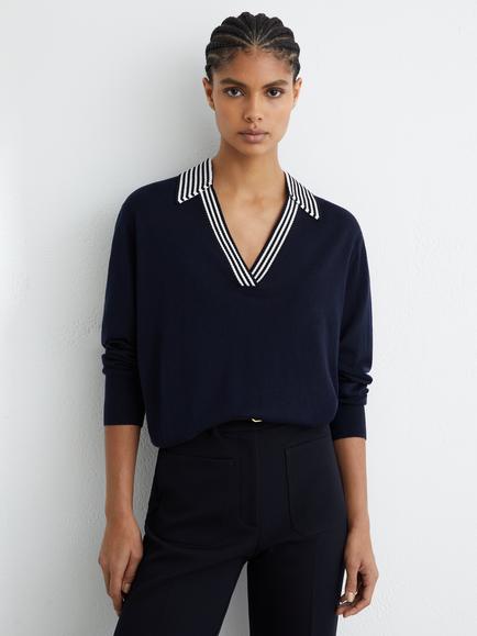 Reiss Nova Pure Wool Cricket Jumper, Navy/White, Navy/White