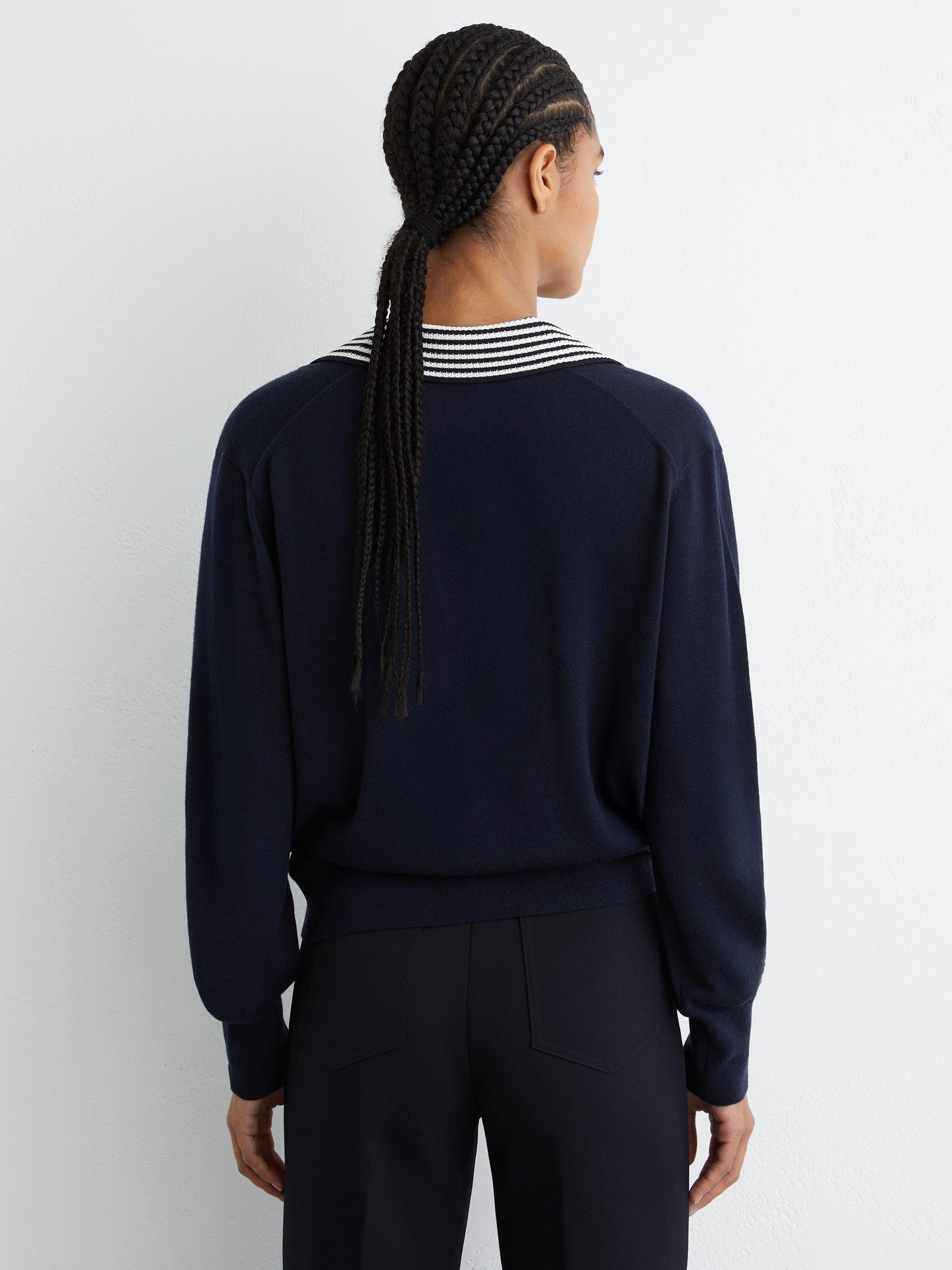 Product image 2 of 5, which shows Reiss Nova Pure Wool Cricket Jumper, Navy/White, XS