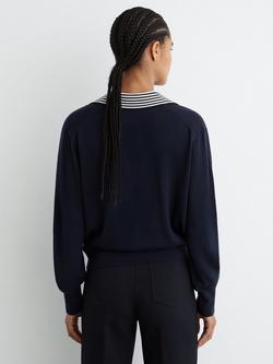 Reiss Nova Pure Wool Cricket Jumper, Navy/White - view 2, Navy/White