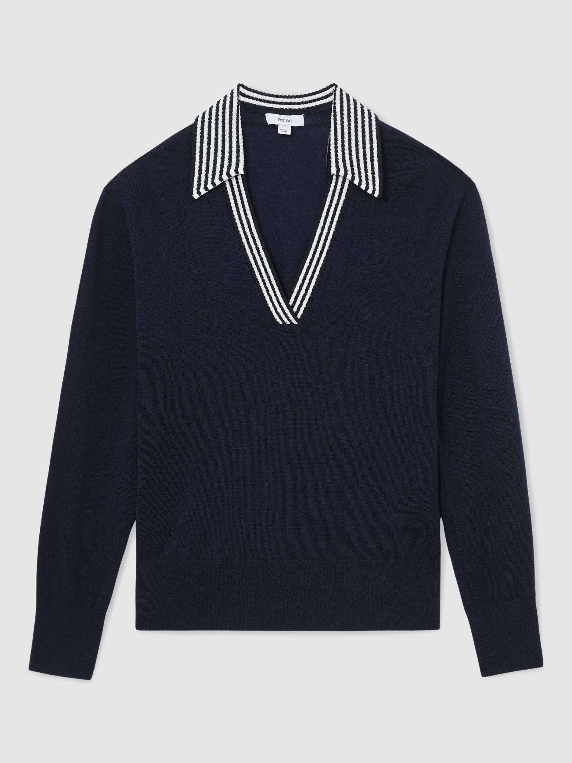 Product image 3 of 5, which shows Reiss Nova Pure Wool Cricket Jumper, Navy/White, XS