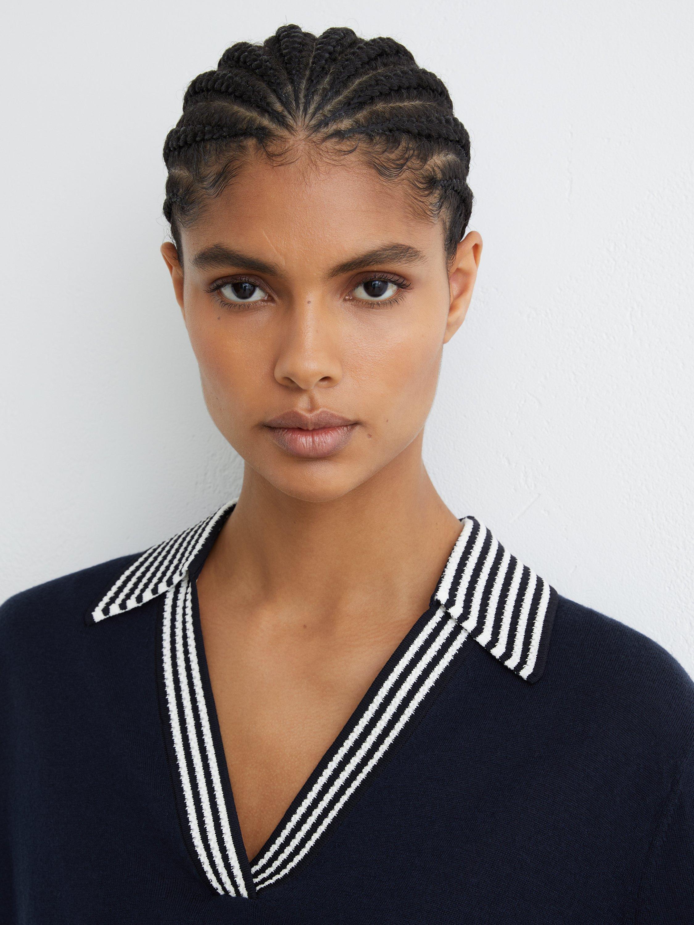 Product image 5 of 5, which shows Reiss Nova Pure Wool Cricket Jumper, Navy/White, XS