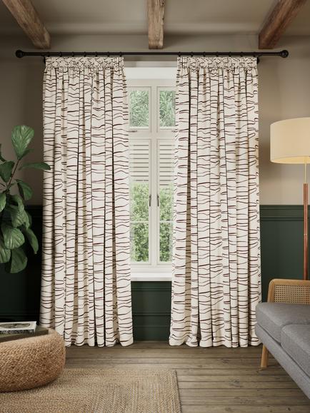 John Lewis Cuckmere Embroidery Pair Blackout Lined Multiway Header Curtains, Burnt Umber - view 2, Burnt Umber