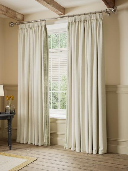 John Lewis Ikat Embroidered Edge Pair Blackout Lined Multiway Header Curtains, Avocado - view 2, Avocado