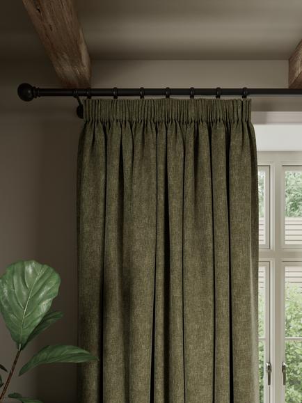 John Lewis Luxe Chenille Pair Blackout Lined Pencil Pleat Curtains, Avocado