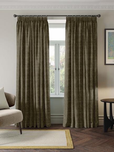John Lewis Luxe Chenille Pair Blackout Lined Pencil Pleat Curtains, Avocado, Avocado