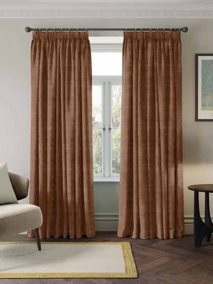 John Lewis Luxe Chenille Pair Blackout Lined Pencil Pleat Curtains, Ginger, Ginger