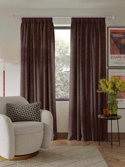 John Lewis Matt Velvet Pair Blackout Lined Pencil Pleat Curtains, Cocoa, Cocoa
