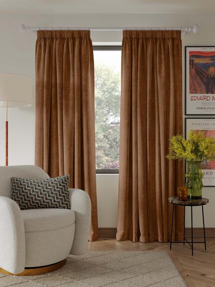 John Lewis Matt Velvet Pair Blackout Lined Pencil Pleat Curtains, Ginger, Ginger